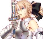  armor armpits artoria_pendragon_(all) bare_shoulders blonde_hair blue_eyes bow caliburn fate/stay_night fate/unlimited_codes fate_(series) hair_bow murakami_yuichi ponytail saber saber_lily simple_background solo sword upper_body weapon 