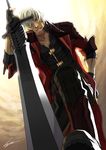  dante_(devil_may_cry) devil_may_cry fingerless_gloves gloves grin hiryuu_(kugelcruor) jacket male_focus rebellion_(sword) smile sword weapon white_hair 