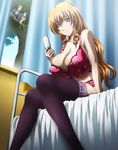  1girl absurdres bed bra breasts cellphone character_request cleavage curtains erect_nipples highres huge_breasts lingerie maken-ki! open_mouth phone sitting smile stitched strap_gap thighhighs underwear voyeurism window 