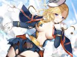  1girl azur_lane bangs blonde_hair blue_eyes breasts capelet cleavage cloud commentary_request earrings eyebrows_visible_through_hair floating gloves hair_over_shoulder hat hood_(azur_lane) jewelry large_breasts long_hair looking_at_viewer oshin0_(zheng) skirt sky solo torn_clothes torn_legwear torn_skirt underboob white_gloves 