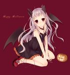  bat_wings blush demon_girl demon_horns halloween happy_halloween horns itou_nanami jack-o'-lantern lavender_hair long_hair looking_at_viewer original pointy_ears pumpkin purple_eyes red_background simple_background sitting solo v_arms wariza wings 