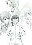  :d ^_^ bad_id bad_pixiv_id closed_eyes eyepatch graphite_(medium) hands_on_hips highres kisetsu long_hair military military_uniform minna-dietlinde_wilcke monochrome multiple_girls open_mouth perrine_h_clostermann profile sakamoto_mio smile strike_witches takei_junko traditional_media translated uniform world_witches_series 