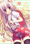  backpack bad_id bad_pixiv_id bag black_legwear bow child fujiwara_no_mokou hair_bow hair_ribbon highres long_hair muku_(apupop) open_mouth pink_eyes pink_hair randoseru ribbon shirt shorts smile solo suspenders thighhighs touhou 