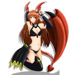  armpits asymmetrical_clothes asymmetrical_clothing bare_shoulders bikini blush breasts cleavage demon_girl horns kneeling long_hair lord_of_vermilion nail_polish navel orange_hair red_eyes single_wing smile solo succubus succubus_(lord_of_vermilion) swimsuit tail wings 