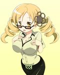  baron_(baron-eros) belt bespectacled blonde_hair breasts cosplay drill_hair glasses hair_ornament hairpin highres image_sample impossible_clothes impossible_shirt kiryuu_moeka kiryuu_moeka_(cosplay) large_breasts long_hair mahou_shoujo_madoka_magica md5_mismatch pants pencil_skirt pixiv_sample shirt skirt solo steins;gate tomoe_mami twin_drills twintails yellow yellow_background yellow_eyes 