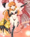  bare_shoulders bikini breasts cleavage demon_girl elbow_gloves gloves highres horns long_hair lord_of_vermilion navel open_mouth orange_hair pointy_ears red_eyes single_wing smile solo succubus succubus_(lord_of_vermilion) swimsuit wings 