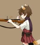  animal_ears belt blush bolt_action brown_eyes brown_hair casing_ejection chikiso extra_ears gun hakama_skirt japanese_clothes katou_keiko kimono kimono_skirt miniskirt musical_note pleated_skirt pouch red_skirt reloading rifle scarf shell_casing short_hair skirt smile solo tail utility_belt weapon world_witches_series 