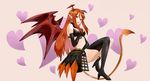  asymmetrical_clothes asymmetrical_clothing bare_shoulders breasts demon_girl elbow_gloves gloves high_heels highres horns long_hair lord_of_vermilion nanao_udon open_mouth orange_hair pointy_ears red_eyes shoes single_thighhigh single_wing solo succubus succubus_(lord_of_vermilion) tail thighhighs wings 