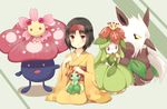  bellossom black_hair brown_eyes cherrim erika_(pokemon) furisode gen_1_pokemon gen_2_pokemon gen_3_pokemon gen_4_pokemon hairband highres japanese_clothes kimono lilligant moe_(hamhamham) pokemon pokemon_(creature) pokemon_(game) pokemon_hgss seiza shiftry sitting smile vileplume yellow_kimono 