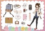  arinko_(ta.n.ra.ra) backpack bad_id bad_pixiv_id bag black_legwear brown_eyes brown_hair cellphone closed_umbrella coin_purse headphones jacket key keychain leggings no_socks notebook o3o original pencil_case phone sewing_kit short_hair sketchbook standing standing_on_one_leg themed_object translated trencker umbrella 