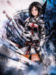  armor black_hair blue_eyes blush cape gauntlets highres original saiki2 scabbard sheath sheathed solo sword weapon 