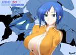  bangs birthday blue_eyes blue_hair breasts center_opening character_name cleavage flat_color from_side glowing glowing_eyes haganef huge_breasts kashiwagi_haruko light_smile looking_at_viewer mecha muvluv muvluv_alternative neon_trim no_bra short_hair signature simple_background single_vertical_stripe smile solo turtleneck type_94_shiranui unzipped upper_body zipper 