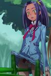  accidental_exposure aria_gakuen_school_uniform blue_shirt blue_skirt blush blush_stickers bow bowtie eyelashes hair_ornament haruyama_kazunori hummy_(suite_precure) kurokawa_eren long_hair miniskirt one_side_up panties pantyshot pantyshot_(standing) pleated_skirt precure print_panties purple_hair school_uniform seiren_(suite_precure) shirt skirt skirt_lift skirt_pull standing stilts striped striped_skirt suite_precure tree underwear yellow_eyes 