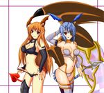  2girls bare_shoulders blue_hair breasts character_request cleavage demon_girl elbow_gloves eyepatch gloves horns long_hair lord_of_vermilion multiple_girls nail_polish navel orange_hair panties panty_pull pointy_ears red_eyes short_hair single_thighhigh single_wing smile succubus succubus_(lord_of_vermilion) tail thighhighs tongue underwear wings 