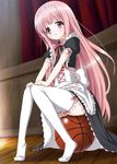  :o basketball blush from_below fujioka_toki full_body hakamada_hinata highres long_hair maid maid_headdress no_shoes open_mouth pink_hair rou-kyuu-bu! sitting solo thighhighs very_long_hair white_legwear wooden_floor 