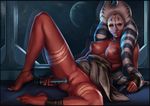  barefoot big_breasts bloocarrot breasts female lightsaber looking_at_viewer lying necklace nipples nude on_side planet pussy red_skin shaak_ti solo space spacecraft star_wars togruta twi&#039;lek weapon 