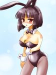  animal_ears between_breasts black_hair bow bowtie breasts bunny_ears bunny_tail bunnysuit character_request copyright_request detached_collar modeldd6 pantyhose red_eyes short_hair solo tail wrist_cuffs 
