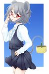  adjusting_eyewear alternate_costume animal_ears bad_id bad_pixiv_id basket bespectacled brown_eyes dress fingernails glasses grey_hair hand_on_hip hands highres kuroi_mizore looking_at_viewer mouse_ears mouse_tail nazrin pinafore_dress red-framed_eyewear red_eyes short_hair simple_background solo tail touhou 