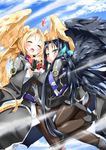  angel_wings bad_id bad_pixiv_id black_hair black_wings blonde_hair blue_eyes bodysuit breasts couple day holding_hands interlocked_fingers kyoukaisenjou_no_horizon long_hair malga_naruze margot_knight medium_breasts multiple_girls pantyhose shirasagi_rokuwa sky wings yuri 