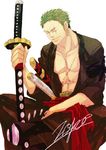  abs boots earrings green_hair haramaki jewelry male male_focus muscle one-eyed one_piece open_clothes pirate roronoa_zoro sash sassaman scar sitting smile solo sword weapon 