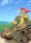  alternate_costume bad_id bad_pixiv_id bat_wings boots breasts caterpillar_tracks fang ground_vehicle head_wings imperial_japanese_army koakuma kuresento large_breasts military military_uniform military_vehicle motor_vehicle on_vehicle open_mouth red_eyes red_hair sitting solo tank touhou type_97_chi-ha uniform wings 
