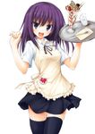  :d apron black_legwear black_skirt blue_eyes blush glass long_hair looking_at_viewer miniskirt open_mouth parfait purple_hair simple_background sketch skirt smile solo spoon suien thighhighs tray waitress water working!! yamada_aoi zettai_ryouiki 