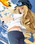 blonde_hair blue_eyes blush cecilia_alcott cloud clouds denim drill_hair hat helicopter infinite_stratos jeans long_hair pants sky sunglasses wind 