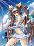  bad_id bad_pixiv_id bow brown_hair cloud day frilled_skirt frills hair_ribbon hasumi_eri long_hair looking_at_viewer microskirt midriff open_mouth pote_(crown) red_eyes ribbon skirt sky solo tonfa twintails vanguard_princess very_long_hair visor_cap water weapon white_skirt yellow_bow 