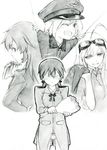  ;d ahoge bad_id bad_pixiv_id blush bouquet charlotte_e_yeager erica_hartmann flask flower gertrud_barkhorn goggles goggles_on_head graphite_(medium) hanna-justina_marseille hat highres hip_flask kisetsu military military_uniform monochrome multiple_girls no_eyes one_eye_closed open_mouth peaked_cap profile smile strike_witches traditional_media uniform world_witches_series 