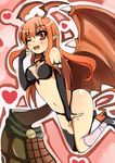  asymmetrical_clothes asymmetrical_clothing bare_shoulders breast breasts demon_girl elbow_gloves gloves heart highres horns long_hair lord_of_vermilion navel open_mouth orange_hair pointy_ears red_eyes shi_ecchi single_wing smile solo succubus succubus_(lord_of_vermilion) wings wink 