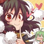  2girls :&lt; ascot black_hair blush chibi chibi_inset face finger_to_mouth green_hair hat heart kazami_yuuka looking_at_viewer lowres mokku multiple_girls pom_pom_(clothes) red_eyes shameimaru_aya short_hair smile tokin_hat touhou vest 