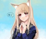  animal_ears blush brown_hair drawr holo long_hair long_sleeves pupps red_eyes solo spice_and_wolf translated wolf_ears 