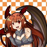  bare_shoulders blush breasts cleavage demon_girl fangs horns long_hair lord_of_vermilion open_mouth pointy_ears red_eyes red_hair simple_background single_wing smile solo succubus succubus_(lord_of_vermilion) tail wings 