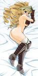  armor ass athena_(lord_of_vermilion) back bangs blonde_hair blue_eyes blunt_bangs blush breasts covering covering_breasts drill_hair gauntlets hair_ornament highres large_breasts long_hair lord_of_vermilion lying open_mouth solo tears 