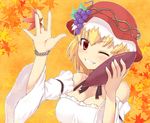  aki_minoriko alternate_costume bare_shoulders between_fingers blonde_hair blush bracelet breasts cleavage detached_sleeves food food_themed_clothes fruit grapes grin hat holding jewelry leaf leaf_background maple_leaf medium_breasts neck_ribbon one_eye_closed red_eyes ribbon saemon_(tonpura) short_hair smile solo sweet_potato teeth touhou upper_body waving 