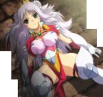  1girl armor breasts cape catue_dragundaala cleavage green_eyes large_breasts laying_down laying_on_back princess_knight_catue purple_hair screencap stitched third-party_edit third_party_edit 
