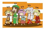  ^_^ aki_minoriko aki_shizuha apron ascot blonde_hair blush_stickers bow braid brown_hair brown_skirt chibi closed_eyes dress eyeball food fruit fujiwara_no_mokou grapes green_skirt hair_bow hairband hat heart hong_meiling komeiji_satori leaf leaf_on_head long_skirt long_sleeves maple_leaf medium_dress medium_skirt multiple_girls navel open_mouth pink_hair pink_skirt red_dress rope rope_train side_slit silver_hair skirt skirt_set star suspender_skirt suspenders third_eye touhou twin_braids walking wrist_cuffs zannen_na_hito 