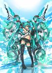  aqua_eyes aqua_hair bad_id bad_pixiv_id black_skirt cocoaore detached_sleeves hatsune_miku highres long_hair megaphone microskirt navel necktie open_mouth pleated_skirt skirt smile solo thighhighs twintails very_long_hair vocaloid zettai_ryouiki 