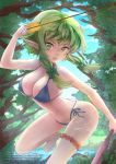  1girl alternate_breast_size arrow artist_name barefoot bikini blue_bikini blue_sky bow breasts elf fatherland2009 forest goblin_slayer! green_bow green_eyes green_hair hair_bow high_elf_archer_(goblin_slayer!) holding holding_weapon large_breasts nature navel open_mouth outdoors pointy_ears side-tie_bikini sidelocks sky solo standing standing_on_one_leg swimsuit thigh_strap tree watermark weapon web_address 