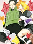  1boy 1girl black_hair blonde_hair fishnets flak_jacket green_eyes junshoku nara_shikamaru naruto star tegaki temari vest 