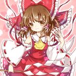  ascot bow brown_eyes brown_hair detached_sleeves frilled_skirt frills gohei hair_bow hair_tubes hakurei_reimu lowres medium_skirt mimi_(mimi_puru) red_skirt ribbon-trimmed_skirt ribbon_trim shirt skirt skirt_set solo spell_card touhou 