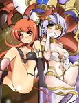  2girls bare_shoulders bikini breasts character_request cleavage demon_girl elbow_gloves eyepatch fang gloves horns long_hair lord_of_vermilion multiple_girls navel pointy_ears red_eyes shi_ecchi short_hair single_thighhigh smile succubus succubus_(lord_of_vermilion) swimsuit tail thighhighs yellow_eyes 