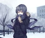  akiyama_mio bad_id bad_pixiv_id black_hair coat covering_mouth gloves hand_in_pocket jacket k-on! long_hair scarf snow snowing solo suiso_(owp) winter winter_clothes winter_coat 