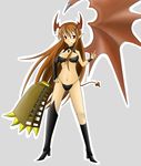  asymmetrical_clothes asymmetrical_clothing bare_shoulders bikini breasts brown_hair demon_girl fang hand_on_hip highres hips horns long_hair lord_of_vermilion panties pointy_ears red_eyes single_glove single_wing solo succubus succubus_(lord_of_vermilion) swimsuit tail thong underwear v wings 
