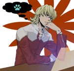  bad_id bad_pixiv_id barnaby_brooks_jr blonde_hair blue_eyes glasses hand_on_own_chin jacket jenach jewelry male_focus necklace paw_print red_jacket solo thinking thought_bubble tiger_&amp;_bunny 