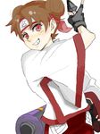  brown_hair double_bun female fingerless_gloves forehead_protector gloves grin kunai looking_at_viewer m_hara naruto red_eyes simple_background smile solo tegaki tenten upper_body weapon white_background 