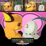  &hearts; brown_eyes chikorita comic dialog dialogue ears_down english_text female forest kissing male nintendo pok&#233;mon pok&eacute;mon raichu red_eyes springtime_desperation straight tail text tom_smith tree video_games wood 