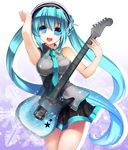  aqua_eyes aqua_hair black_skirt cowboy_shot guitar hatsune_miku headphones instrument long_hair miniskirt open_mouth pleated_skirt skirt smile solo twintails very_long_hair vocaloid yuuki_kira 