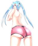  absurdres aqua_eyes aqua_hair ass bad_id bad_pixiv_id breasts hatsune_miku highres long_hair looking_back medium_breasts puu_maru short_shorts shorts sideboob simple_background solo topless twintails vocaloid 