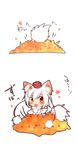  :3 animal_ears chibi detached_sleeves hat highres inubashiri_momiji leaf maple_leaf mouth_hold orange_eyes solo tail tokin_hat tosura-ayato touhou white_hair wolf_ears wolf_tail 